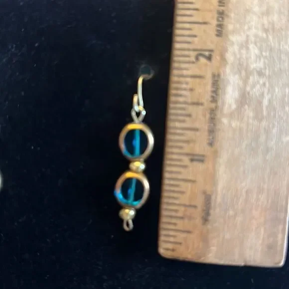 Handcrafted Gold tone earrings with Blue and gold beading - Picture 3 of 3